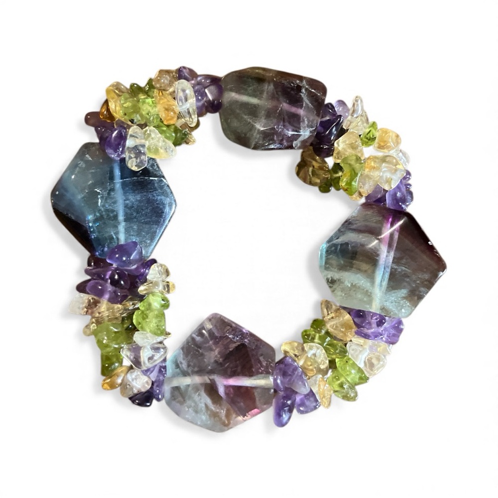 Chunky Rainbow Fluorite and Crystal Chip Stretch Bracelet